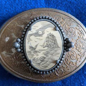 Vintage Bronze Scrimshaw Belt Buckle Tall Ship